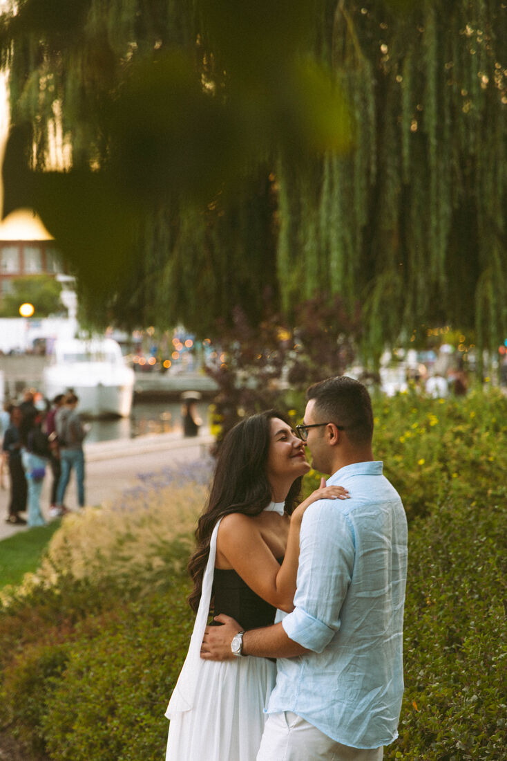 Majid and Mehrnaz embracing under a willow tree by the water